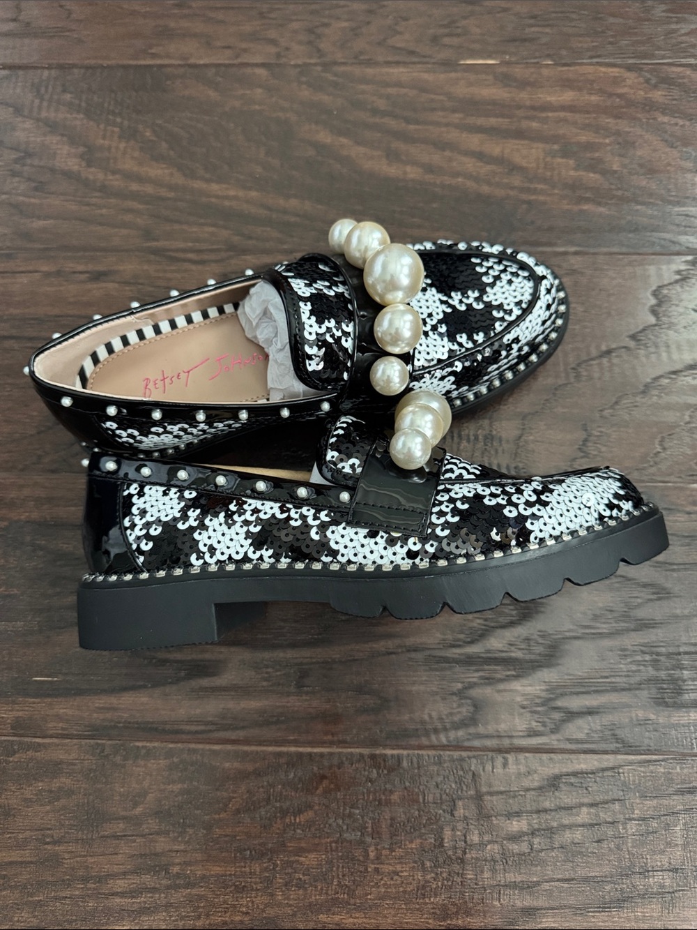 Betsey Johnson Loafers Black & White Women's 5 - Sequin Pearl-Accent Loafers - Picture 7 of 7